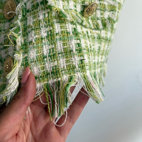 ZARA Green /White Cotton Tweed Vest Crop Top with Gold Tone Buttons Sz M NWT - Picture 9 of 11